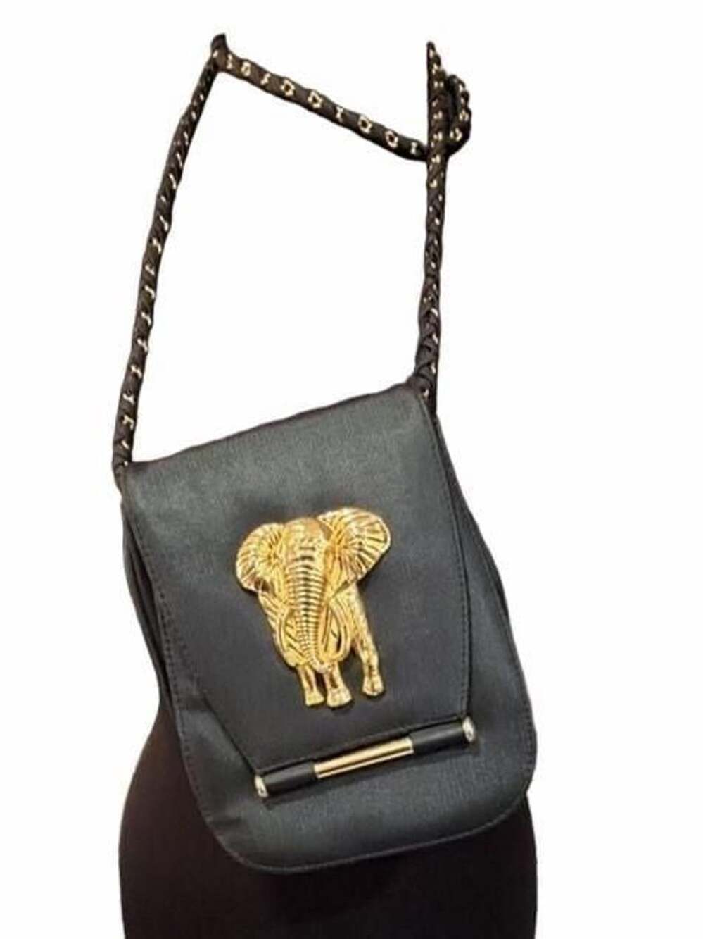 Vintage 1990’s Nima Black Gold Elephant Accent Crossbody Bag Handbag